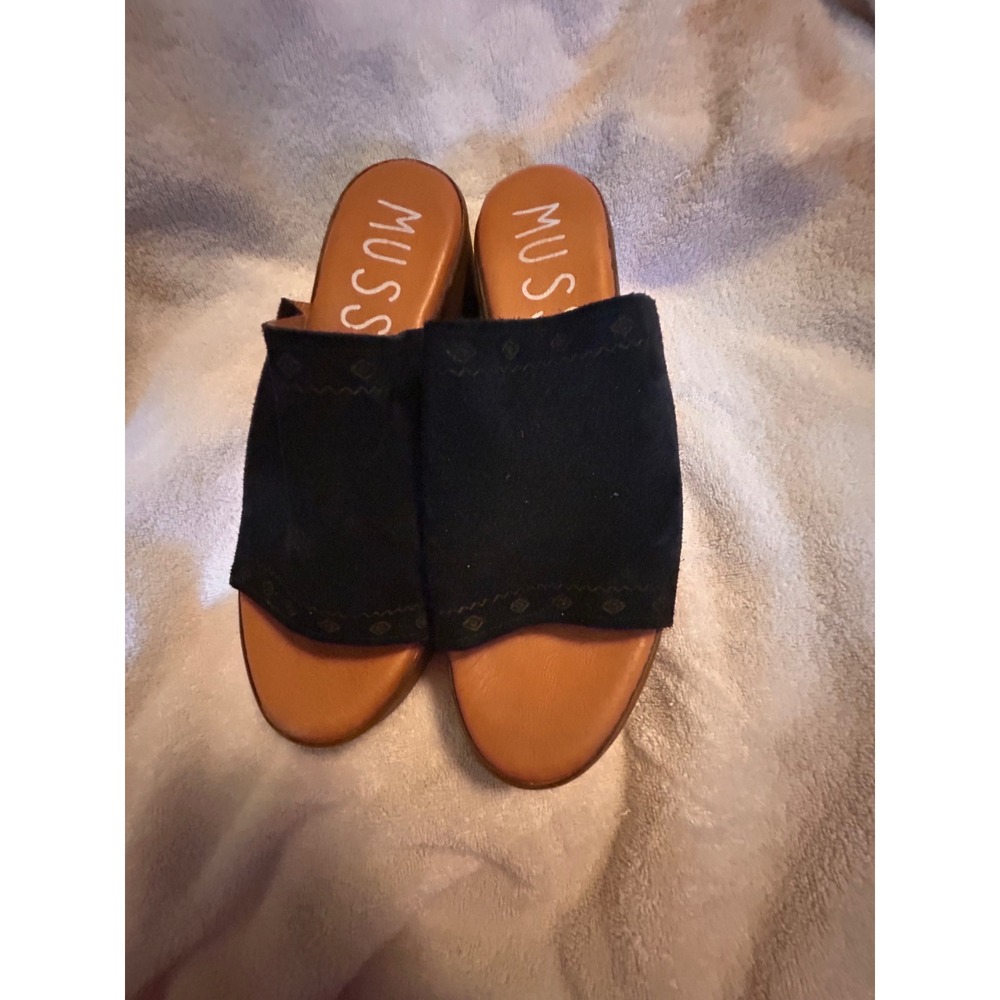 Musse & Cloud Black Suede Embroidered Platform Wedge Sandals Mules Size 41